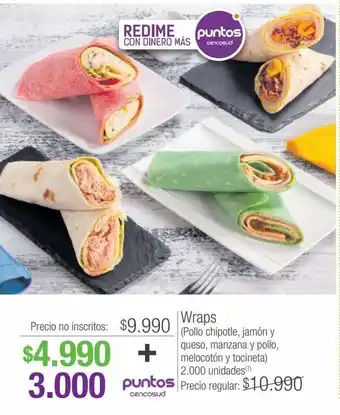 Jumbo Wraps (pollo chipotle, jamón y queso, manzana y pollo, melocotón y tocineta) oferta