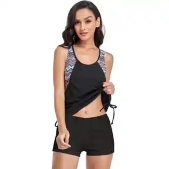 Linio Vestidos de baño tankini para mujer pantalones cortos sin mangas panel de ropa de playa negro oferta