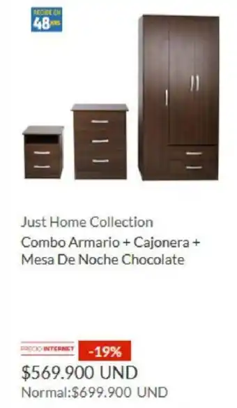 Just Home Collection Combo Armario + Cajonera + Mesa De Noche Chocolate