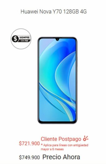 Claro Huawei Nova Y70 128GB 4G oferta