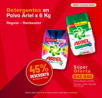 Makro Detergentes en Polvo Ariel x 6 Kg Regular - Revitacolor oferta