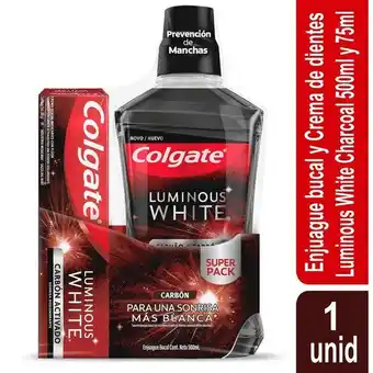 Metro Enjuague bucal x500ml y crema dental colgate luminous white carbón activado x75ml oferta