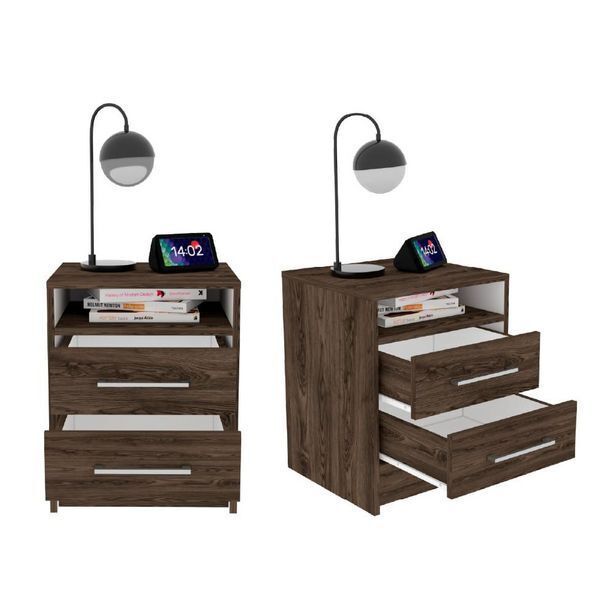 Éxito Mesa de noche douglas, chocolate y blanco, con un entrepaño superior y dos cajones organizadores x2 oferta