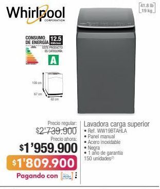 Jumbo Whirlpool lavadora carga superior • ref. ww19btahla oferta