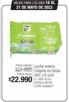 Jumbo Leche entera colanta en bolsa uht x 6 und x 1.000 ml c/u oferta