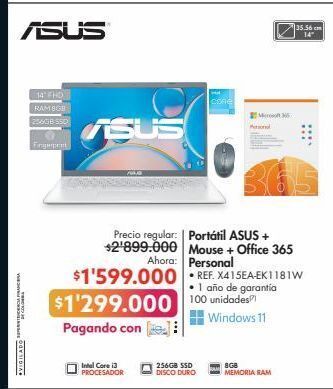 Metro Portátil asus + mouse + of!ce 365 personal • ref. x415ea-ek1181w oferta