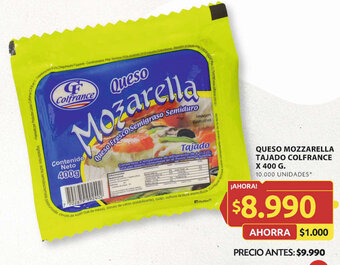 QUESO MOZZARELLA TAJADO COLFRANCE X 400 G.