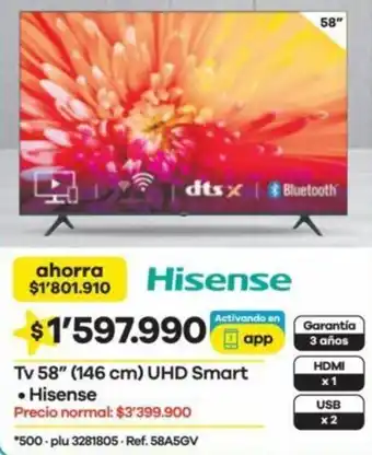 Éxito Tv 58" (146 cm) UHD Smart • Hisense oferta
