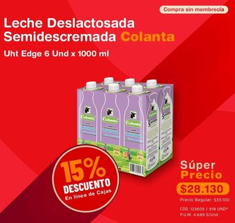 Makro Leche Deslactosada Semidescremada Colanta Uht Edge 6 Und x 1000 ml oferta