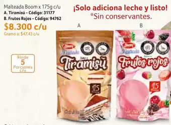 Malteada Boom x 175g c/u A. Tiramisú - Código: 31177 B. Frutos Rojos - Código: 94762
