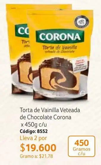 Nova Venta Torta de Vainilla Veteada de Chocolate Corona x 450g c/u Código: 8552 Lleva 2 por oferta
