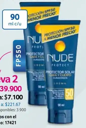 Nova Venta Protector solar Nude para cara y cuerpo SPF50 x 90ml oferta