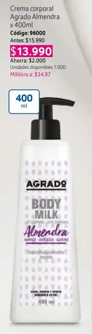 Nova Venta Crema corporal Agrado Almendra x 400ml oferta