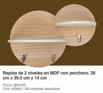 Panamericana Repisa de 2 niveles en MDF con perchero, 28 cm x 39.5 cm x 14 cm oferta