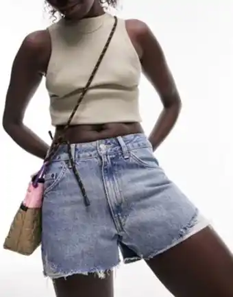 ASOS Topshop petite denim a-line mom short with rip in mid blue oferta