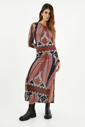 Vestido rojo en malla traslúcida para mujer