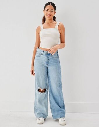 American Eagle Pantalones ae anchos de tiro alto y rasgados oferta