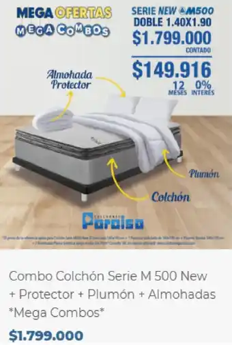 Colchones Paraiso Combo Colchón Serie M 500 New + Protector + Plumón + Almohadas *Mega Combos* oferta