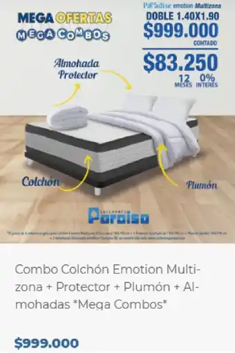 Colchones Paraiso Combo Colchón Emotion Multi-zona + Protector + Plumón + Al-mohadas oferta