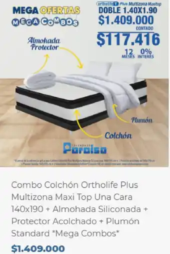 Colchones Paraiso Combo Colchón Ortholife Plus Multizona Maxi Top Una Cara 140x190 + Almohada Siliconada + Protector Acolchado oferta