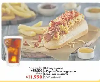 Hot dog especial + papas + vaso de gaseosa coca cola sin azúcar