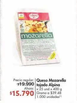 Metro Queso mozarella tajado alpina x 25un x 400g oferta