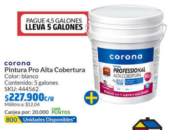 Homecenter corona Pintura Pro Alta Cobertura Color: blanco Contenido: 5 galones oferta