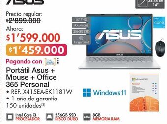 Metro Computador portátil asus + mouse + office 365 personal oferta