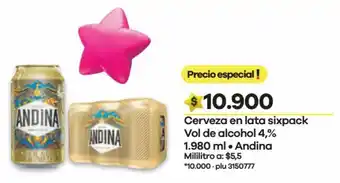 Éxito Cerveza en lata sixpack Vol de alcohol 4,% 1.980 ml. • Andina Mililitro a: $5,5 *10.000-plu 3150777 oferta