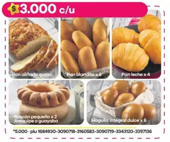 Éxito Pan aliñado queso / Pan blandito x 8 / Pan leche x 4 / Roscón pequeño x 2 - Arequipe o guayaba / Mogolla integral dulce x 6 oferta