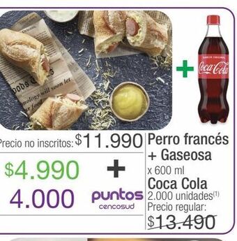Jumbo Perro francés + gaseosa x 600 ml coca cola oferta