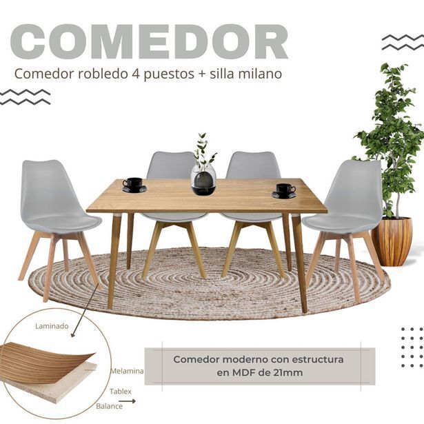 Olímpica Comedor robledo 4 puestos + silla  milano gris ekonomodo oferta
