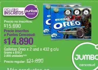 Jumbo Galletas oreo x 2 und x 432 g c/u oferta