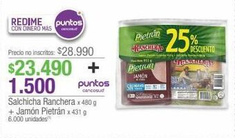 Jumbo Salchicha ranchera x 480 g + jamón pietrán x 431 g oferta
