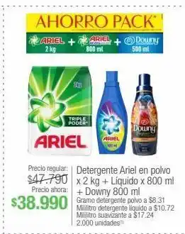 Jumbo Detergente ariel en polvo x 2 kg + líquido x 800 ml + downy 800 ml oferta