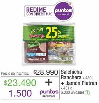 Jumbo Salchicha ranchera x 480g + jamón pietrán x 431g oferta