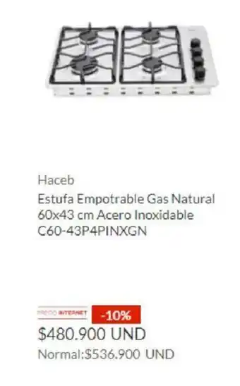 Homecenter Haceb Estufa Empotrable Gas Natural 60x43 cm Acero Inoxidable C60-43P4PINXGN oferta
