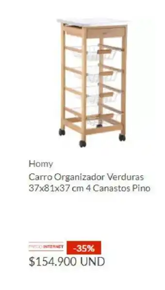 Homy Carro Organizador Verduras 37x81x37 cm 4 Canastos Pino
