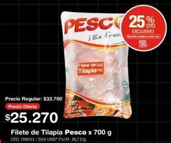 Makro Filete de Tilapia Pesco x 700 g oferta