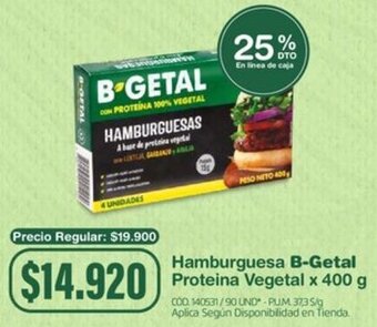 Makro Hamburguesa B-Getal Proteina Vegetal x 400 g oferta