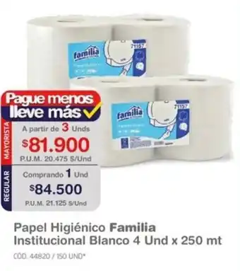 Makro Papel Higiénico Familia Institucional Blanco 4 Und x 250 mt oferta