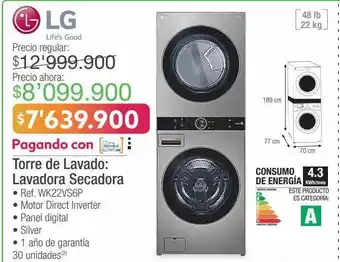 Jumbo Lg torre de lavado: lavadora secadora • ref. wk22vs6p oferta