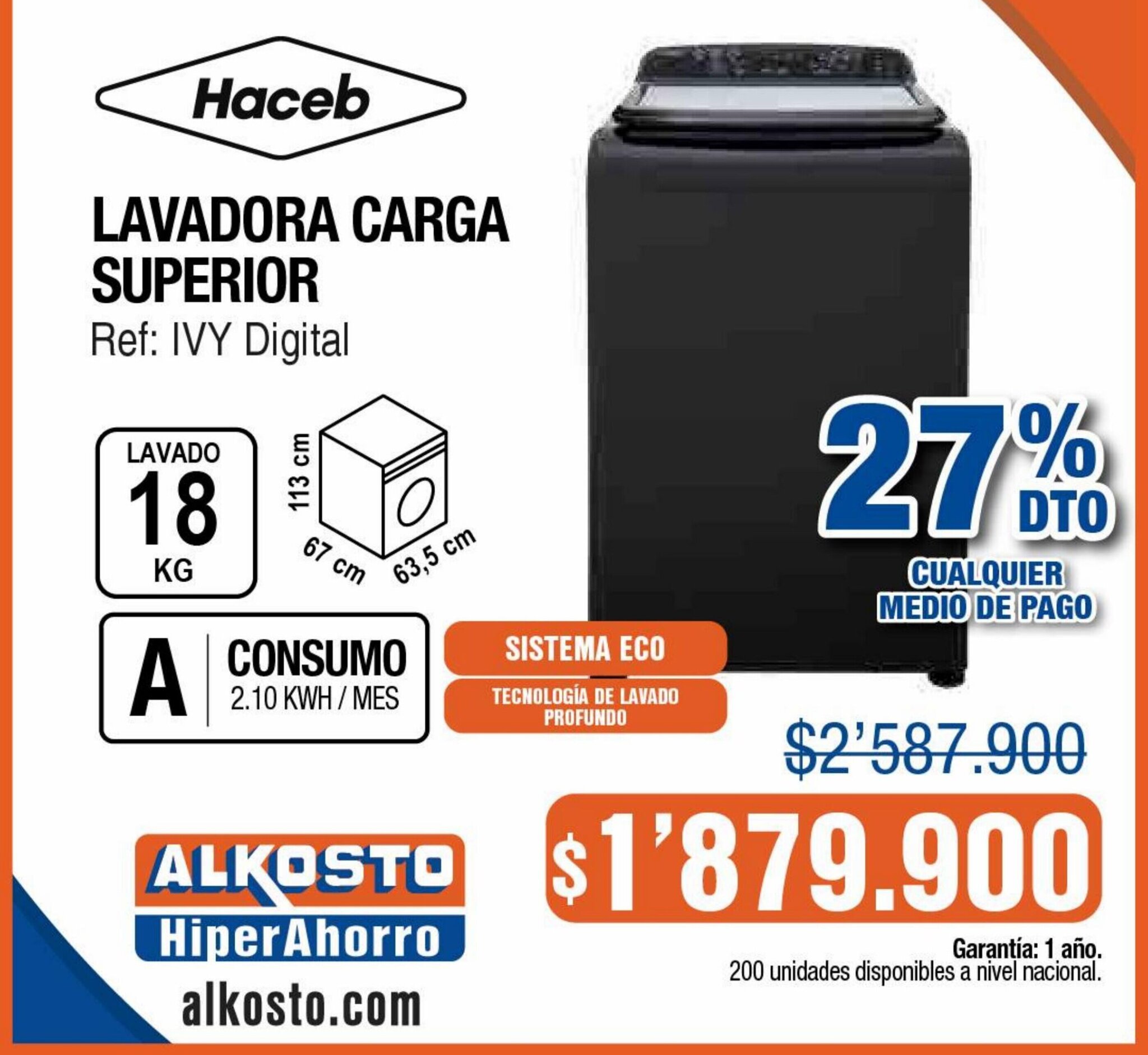 Alkosto Haceb LAVADORA CARGA SUPERIOR Ref: IVY Digital oferta