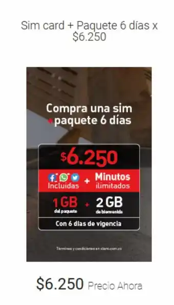 Claro Sim card + Paquete 6 días oferta