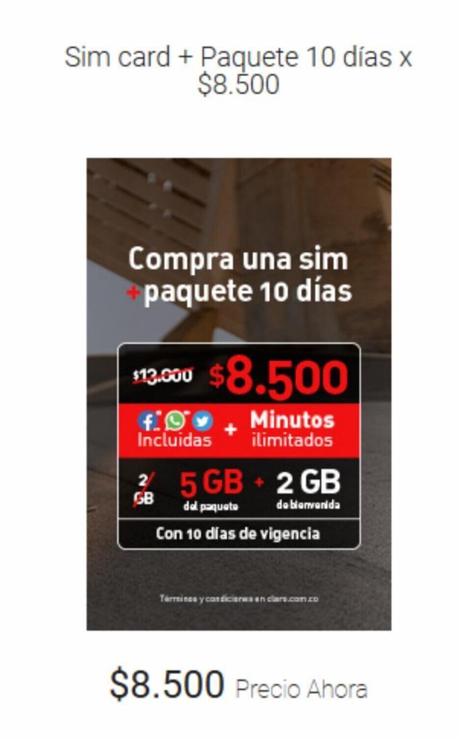Claro Sim card + Paquete 10 días oferta