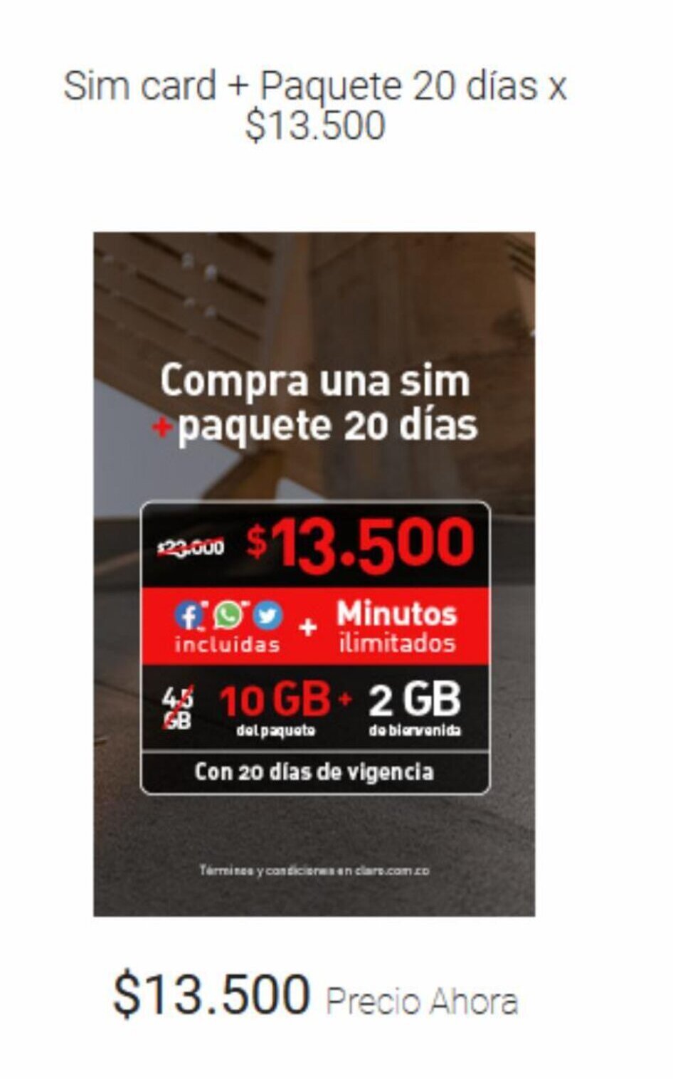 Claro Sim card + Paquete 20 días oferta