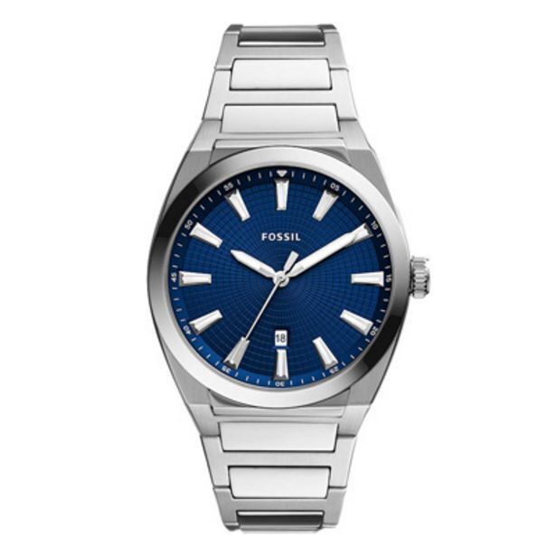 Kevin's Joyeros Reloj fossil analogo, para hombre, tablero redondo color azul, estilo index, pulso acero color plateado, calendario oferta