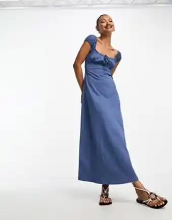 ASOS Asos design cap sleeve ruched midi dress with tie detail in blue oferta