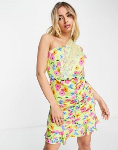 ASOS Lashes of london lace insert one shoulder flippy hem mini dress in green floral oferta
