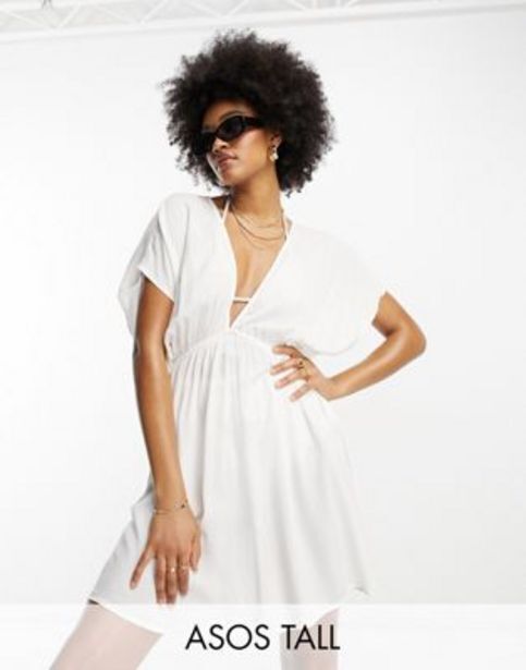 ASOS Asos design tall flutter sleeve mini beach dress with channelled tie waist in white oferta